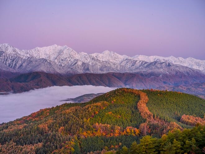 「一夜明けると雪化粧した峰々が姿を現した！」 新雪に煌めく山並みがモルゲンロートに染まる “車で行ける山頂！”   鷹狩山【北アルプス】長野県大町市・ 2025年の画像004
