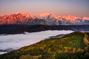 「一夜明けると雪化粧した峰々が姿を現した！」 新雪に煌めく山並みがモルゲンロートに染まる “車で行ける山頂！”   鷹狩山【北アルプス】長野県大町市・ 2025年